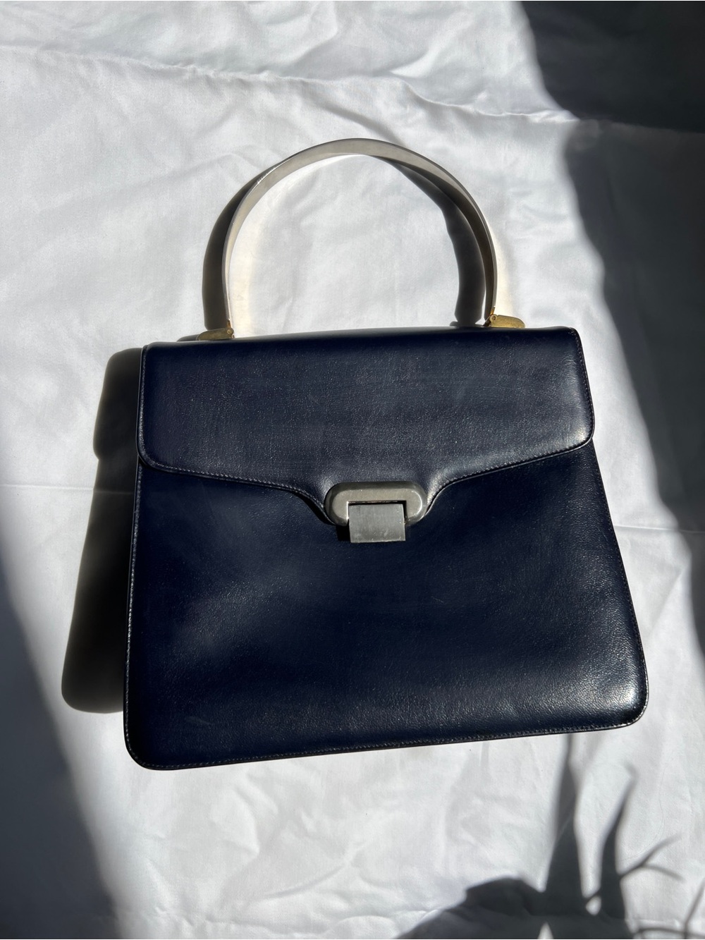 Vintage 1960s KORET Handbag with rare Metal Handle Navy Blue mod top handle bag